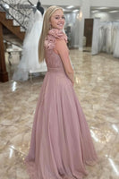 Load image into Gallery viewer, Princess Blush Chiffon Pleated A Line Long Prom Dress with Ruffles