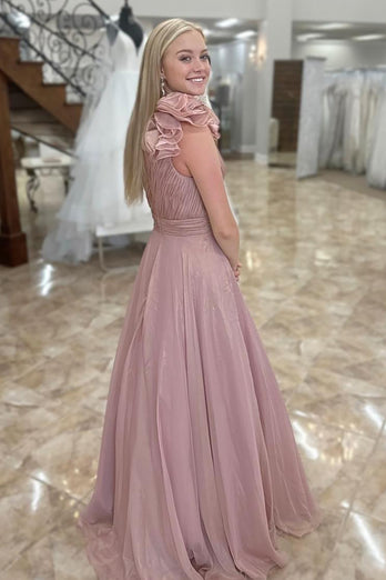 Princess Blush Chiffon Pleated A Line Long Prom Dress with Ruffles