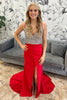 Load image into Gallery viewer, Sparkly Red Satin Mermaid Beaded Long Prom Dress with Slit