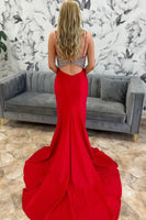Load image into Gallery viewer, Sparkly Red Satin Mermaid Beaded Long Prom Dress with Slit