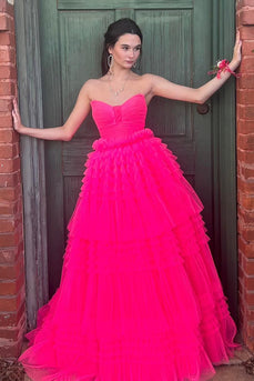 Princess Fuchsia Tulle Strapless Ball Gown Long Prom Dress with Ruffles