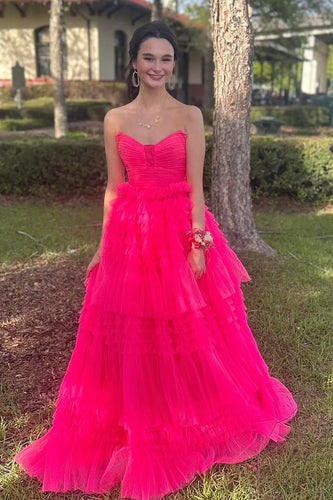 Princess Fuchsia Tulle Strapless Ball Gown Long Prom Dress with Ruffles