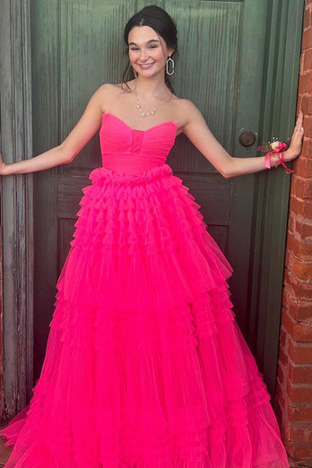 Princess Fuchsia Tulle Strapless Ball Gown Long Prom Dress with Ruffles