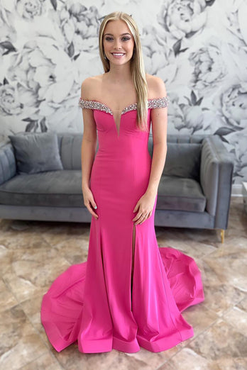 Sparkly Fuchsia Satin Beaded Mermaid Long Prom Dress with Slit
