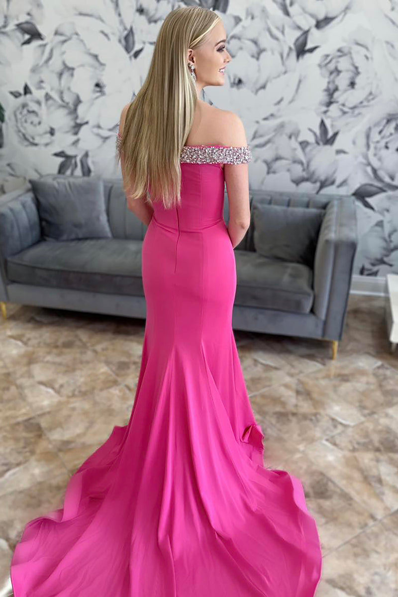 Load image into Gallery viewer, Sparkly Fuchsia Satin Beaded Mermaid Long Prom Dress with Slit