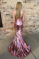 Load image into Gallery viewer, Sparkly Rose Gold Sequin Strapless Mermaid Long Prom Dress