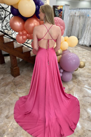 Princess Fuchsia Satin Spaghetti Straps A Line Long Prom Dress