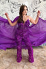 Load image into Gallery viewer, Sparkly Grape Spaghetti Straps Sequins Side Cape Long Prom Jumpsuits
