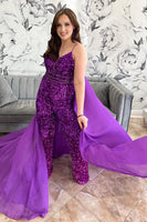 Load image into Gallery viewer, Sparkly Grape Spaghetti Straps Sequins Side Cape Long Prom Jumpsuits