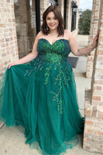Glitter Princess Emerald Green Tulle Ball Gown Long Prom Dress with Appliques