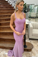 Load image into Gallery viewer, Sparkly Black Satin Beaded Mermaid Long Prom Dress with Slit