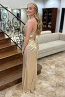 Load image into Gallery viewer, Sparkly Gold Satin Beaded Mermaid Long Prom Dress with Slit