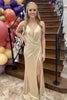 Load image into Gallery viewer, Sparkly Gold Satin Beaded Mermaid Long Prom Dress with Slit