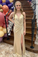 Load image into Gallery viewer, Sparkly Gold Mermaid Spaghetti Straps Ruched Wrap Long Prom Dress with Slit