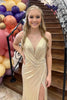 Load image into Gallery viewer, Sparkly Gold Satin Beaded Mermaid Long Prom Dress with Slit