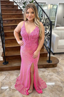 Load image into Gallery viewer, Sparkly Pink V-Neck Sequined Appliques Corset Long Prom Dress with Slit