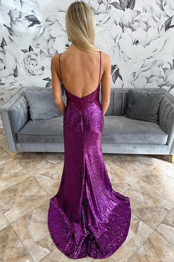 Sparkly Grape Sequin Corset Mermaid Long Prom Dress with Slit