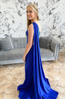 Load image into Gallery viewer, Sparkly Royal Blue Beaded One Shoulder Long Prom Dress with Slit