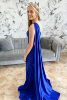Load image into Gallery viewer, Sparkly Royal Blue Mermaid Satin Beaded Long Prom Dress with Slit