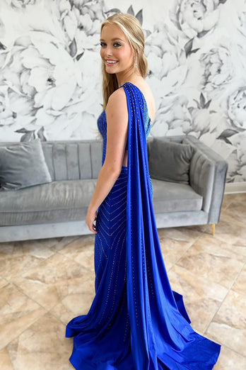 Sparkly Royal Blue Mermaid Satin Beaded Long Prom Dress with Slit