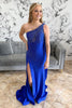 Load image into Gallery viewer, Sparkly Royal Blue Mermaid Satin Beaded Long Prom Dress with Slit