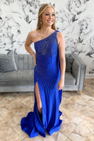 Load image into Gallery viewer, Sparkly Royal Blue Mermaid Satin Beaded Long Prom Dress with Slit