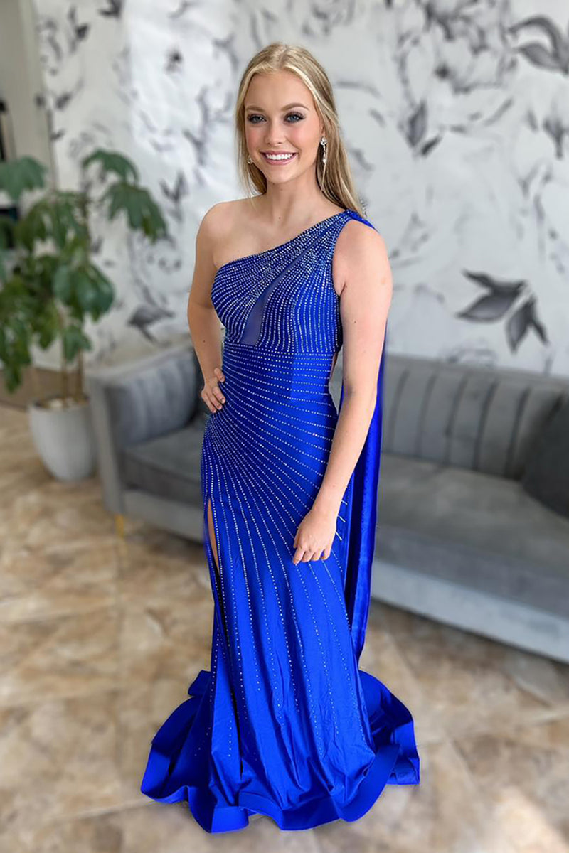 Load image into Gallery viewer, Sparkly Royal Blue Mermaid Satin Beaded Long Prom Dress with Slit