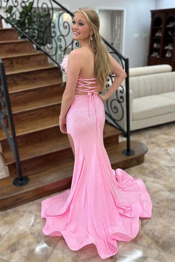 Sparkly Pink Satin Beaded Mermaid Long Prom Dress with Slit