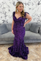 Load image into Gallery viewer, Sparkly Grape Mermaid Sequins Off the Shoulder Long Prom Dress with Feathers