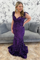 Load image into Gallery viewer, Sparkly Grape Sequin Mermaid Backless Long Prom Dress