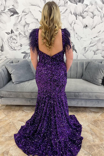 Sparkly Grape Sequin Mermaid Backless Long Prom Dress