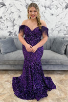 Load image into Gallery viewer, Sparkly Grape Mermaid Sequins Off the Shoulder Long Prom Dress with Feathers