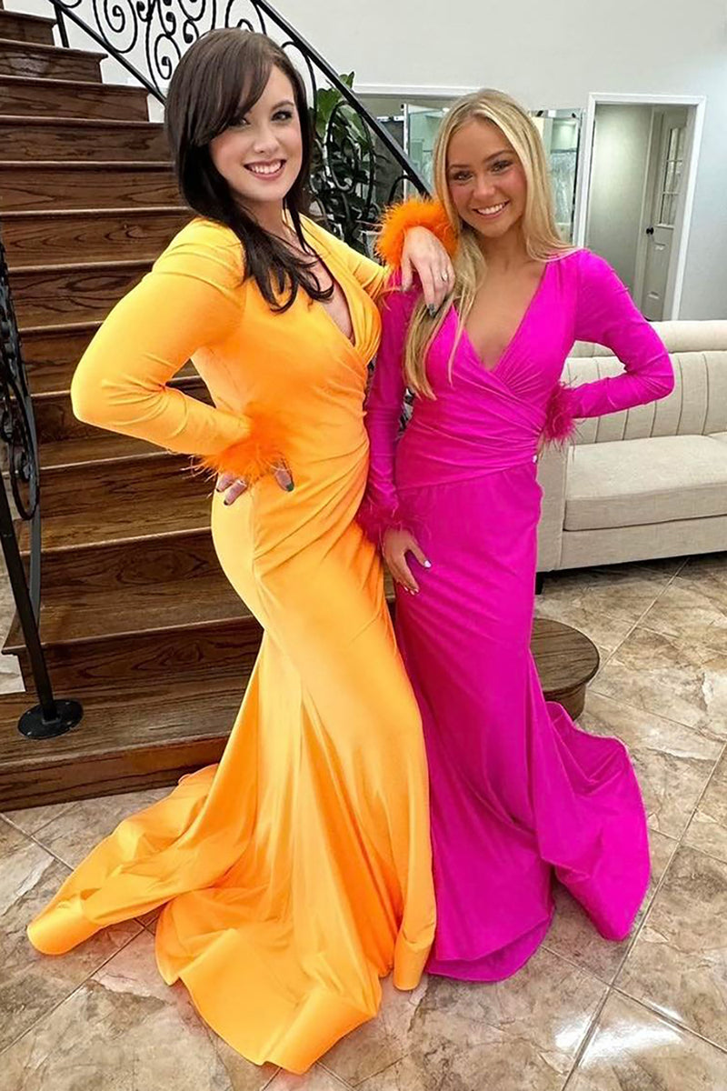 Load image into Gallery viewer, Fuchsia Satin Long Sleeves Mermaid Long Prom Dress