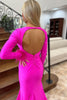 Load image into Gallery viewer, Fuchsia Satin Long Sleeves Mermaid Long Prom Dress
