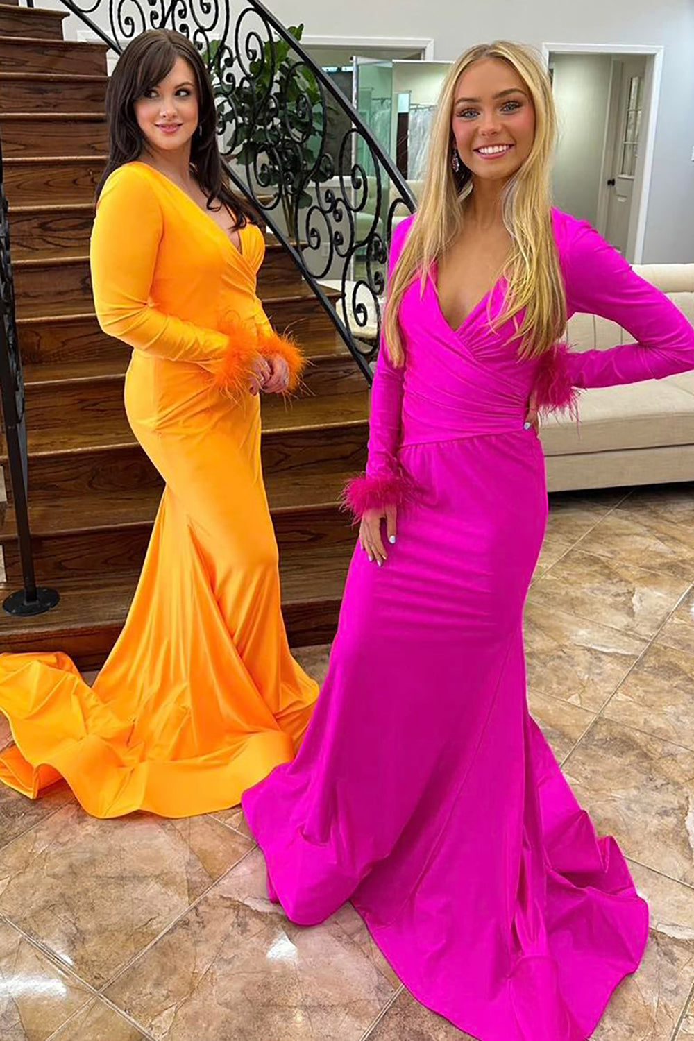 Fuchsia Satin Long Sleeves Mermaid Long Prom Dress