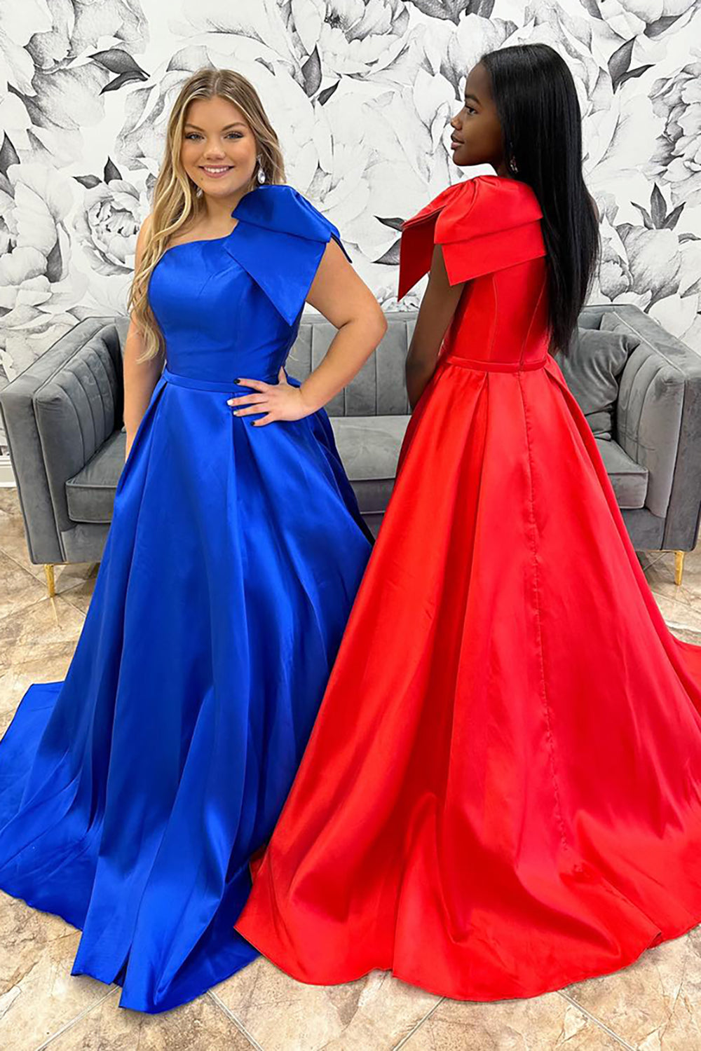 Princess Royal Blue Satin Ball Gown Long Prom Dress with Bow