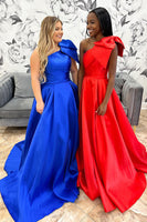 Load image into Gallery viewer, Red One Shouder A Line Satin Long Prom Dress with Bow