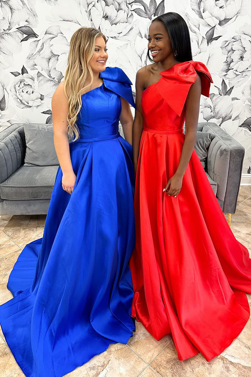 Load image into Gallery viewer, Princess Royal Blue Satin Ball Gown Long Prom Dress with Bow