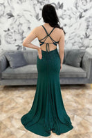 Load image into Gallery viewer, Sparkly Dark Green Beaded Spaghetti Straps Long Prom Dress with Slit