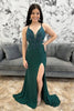 Load image into Gallery viewer, Sparkly Dark Green Satin Beaded Mermaid Long Prom Dress with Slit