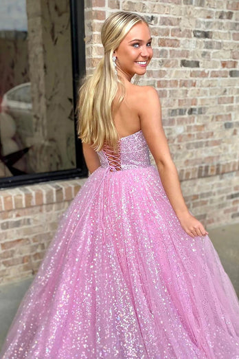 Princess Sparkly Pink Sequin Ball Gown Long Prom Dress