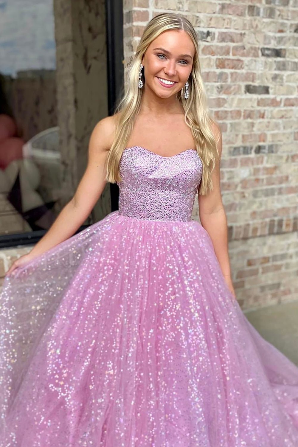 Princess Sparkly Pink Sequin Ball Gown Long Prom Dress