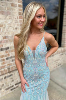 Load image into Gallery viewer, Light Green Chiffon Mermaid Long Prom Dress with Ruffles