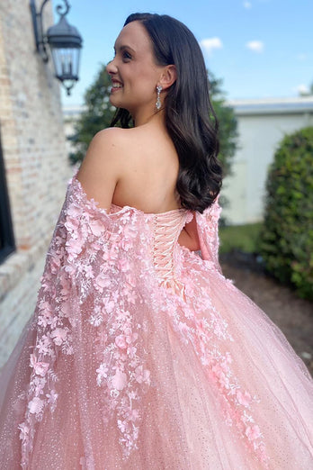 Glitter Princess Pink Tulle Floral Ball Gown Long Prom Dress with Cape