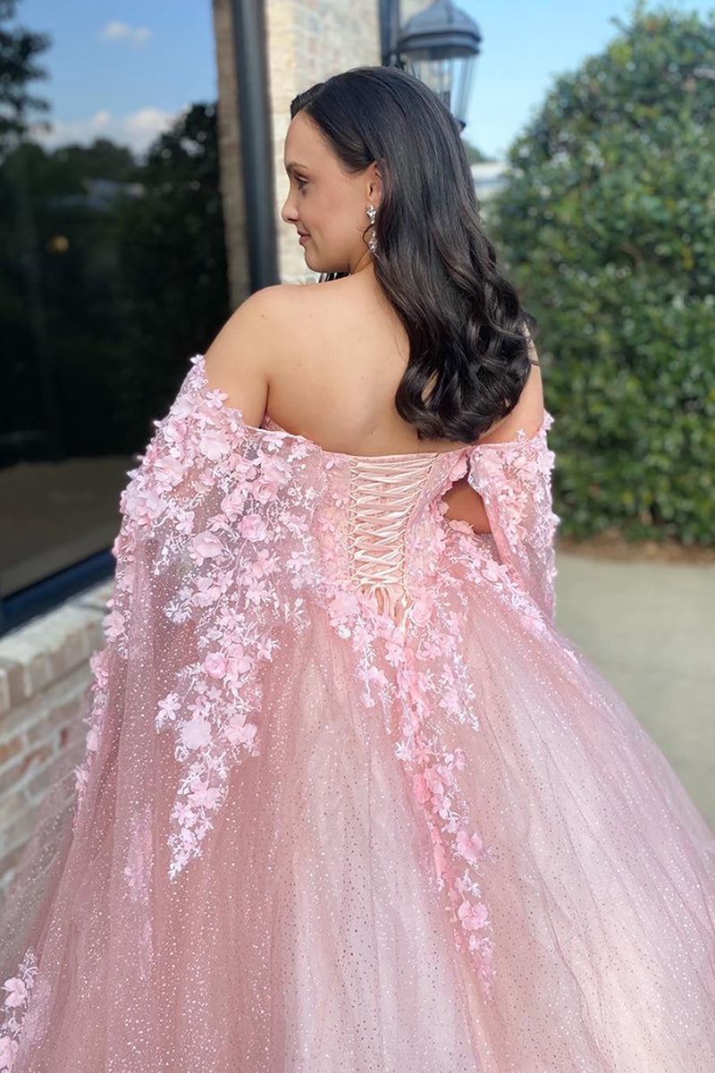 Load image into Gallery viewer, Glitter Princess Pink Tulle Floral Ball Gown Long Prom Dress with Cape