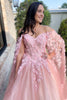 Load image into Gallery viewer, Glitter Princess Pink Tulle Floral Ball Gown Long Prom Dress with Cape
