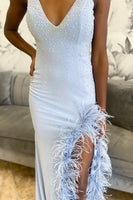 Load image into Gallery viewer, Sparkly Light Blue Beaded Satin Mermaid Long Prom Dress with Slit