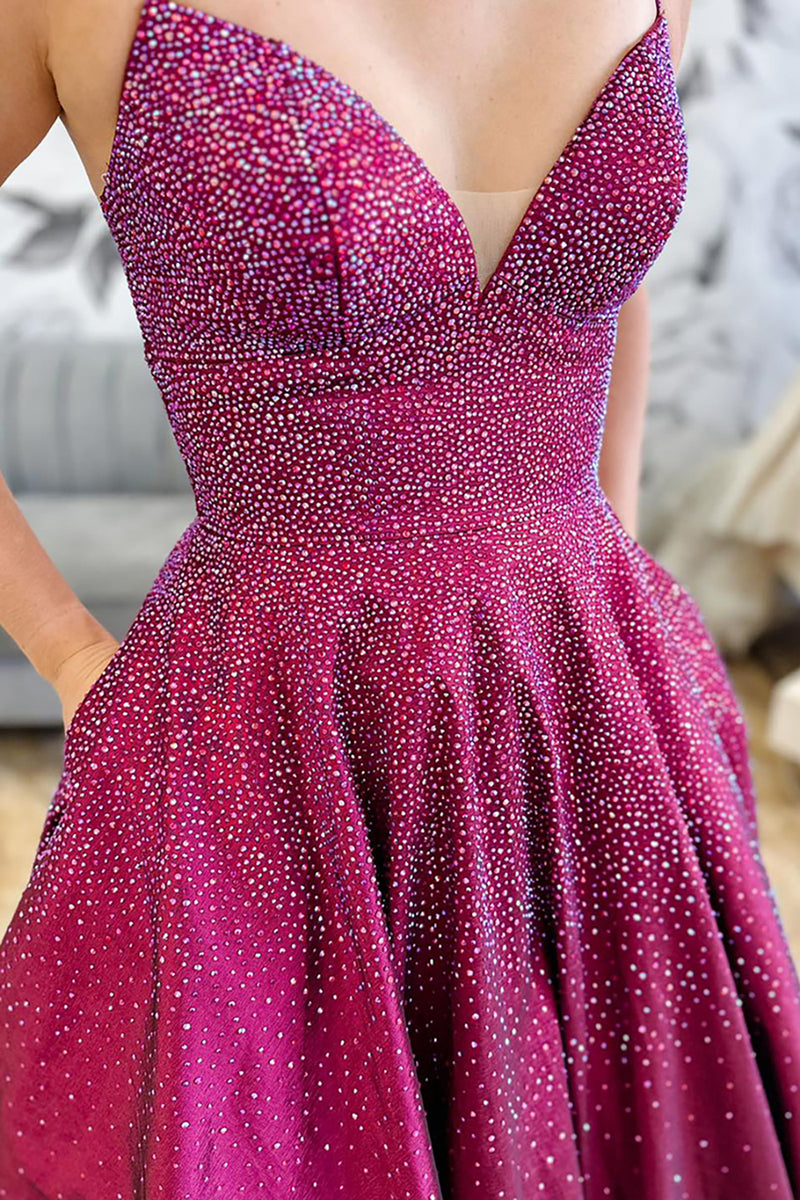 Load image into Gallery viewer, Sparkly Princess Dark Purple Satin Beaded A Line Long Prom Dress