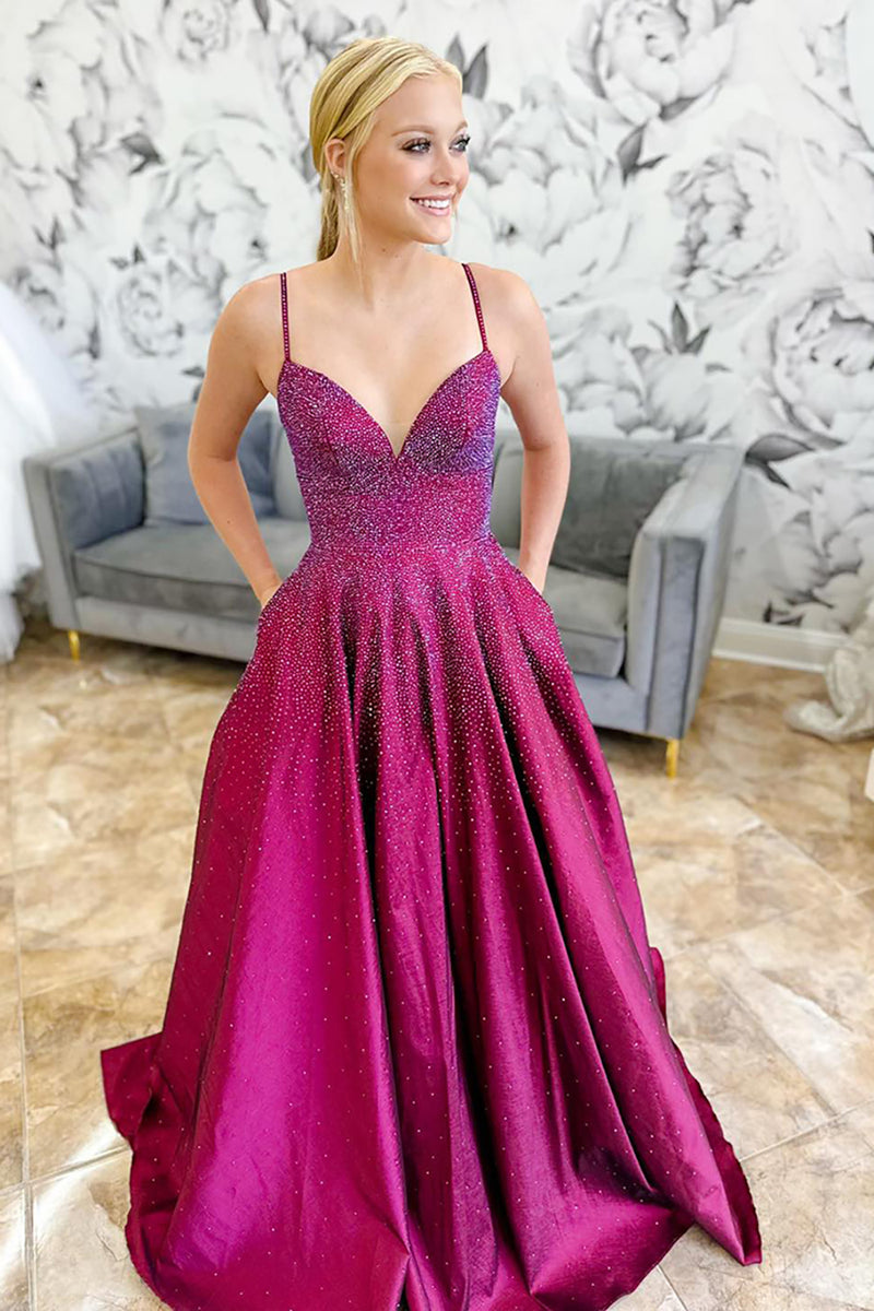 Load image into Gallery viewer, Sparkly Princess Dark Purple Satin Beaded A Line Long Prom Dress