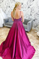 Load image into Gallery viewer, Sparkly Princess Dark Purple Satin Beaded A Line Long Prom Dress